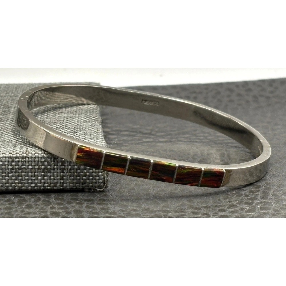 Vintage Silver Tone Iridescent Faux Amber Inlay Bangle Bracelet Mexico 7"